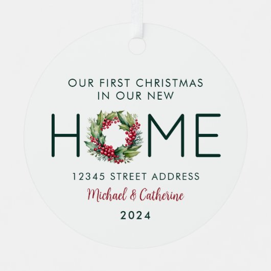 初めてのクリスマスの新しいホームウォーターカラーリース メタルオーナメント (正面)