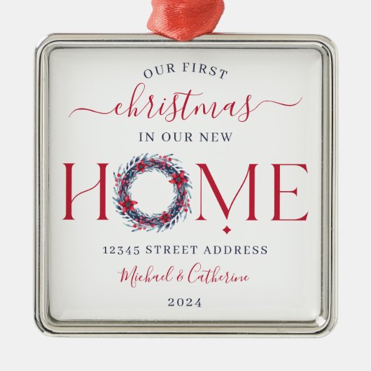 初めてのクリスマスの新しいホームエレガントリース メタルオーナメント (正面)