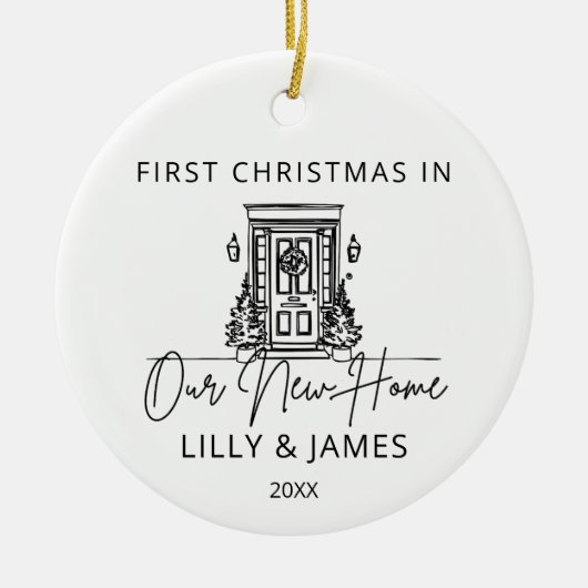 初めてのクリスマスの新しいホームオーナーファミリードア セラミックオーナメント (正面)