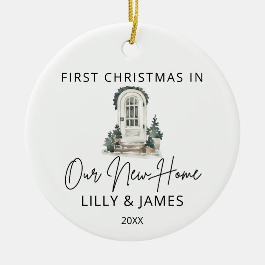 初めてのクリスマスの新しいホームオーナーファミリードア セラミックオーナメント (正面)