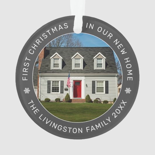 初めてのクリスマスの新しいホームグレーのカスタム写真 オーナメント (裏面)