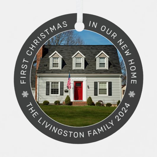 初めてのクリスマスの新しいホームグレーのカスタム写真 メタルオーナメント (正面)