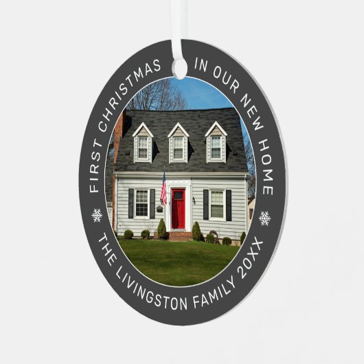 初めてのクリスマスの新しいホームグレーのカスタム写真 メタルオーナメント (正面左)