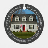 初めてのクリスマスの新しいホームグレーのカスタム写真 メタルオーナメント (正面)