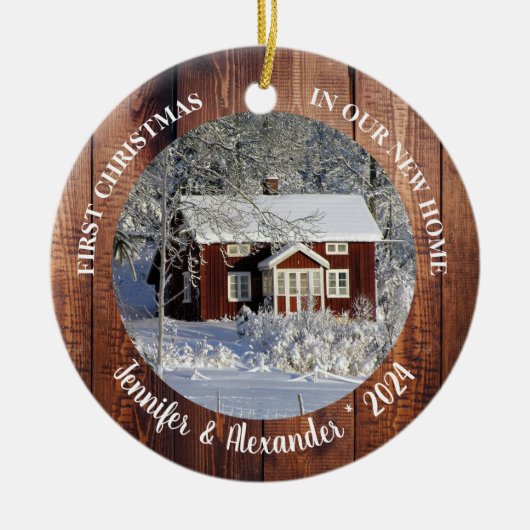 初めてのクリスマスの新しいホームバーンウッド写真 セラミックオーナメント (正面)