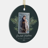 初めてのクリスマスの新しいホームパインブランチフォト セラミックオーナメント (右)