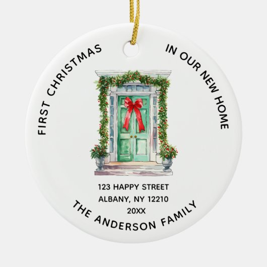 初めてのクリスマスの新しいホームファミリー写真 セラミックオーナメント (正面)