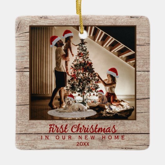 初めてのクリスマスの新しいホームファミリー写真 セラミックオーナメント (正面)