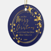 初めてのクリスマスの新しいホームフォトブルーと金ゴールドスター セラミックオーナメント (左)