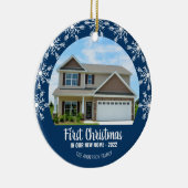 初めてのクリスマスの新しいホームフォトブルー セラミックオーナメント (右)