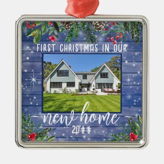 初めてのクリスマスの新しいホームフォトメタルO メタルオーナメント (正面)