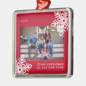 初めてのクリスマスの新しいホームレッドスノーフレーク写真 メタルオーナメント (左)