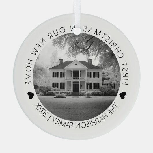 初めてのクリスマスの新しいホーム写真 ガラスオーナメント (裏面)