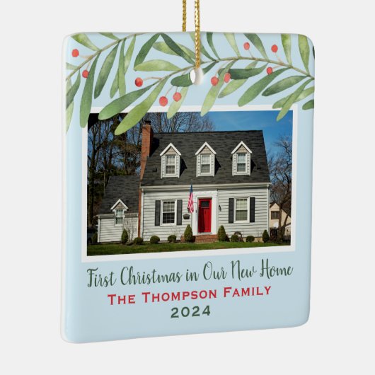 初めてのクリスマスの新しいホーム緑の写真 セラミックオーナメント (右)