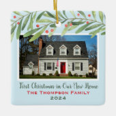 初めてのクリスマスの新しいホーム緑の写真 セラミックオーナメント (正面)