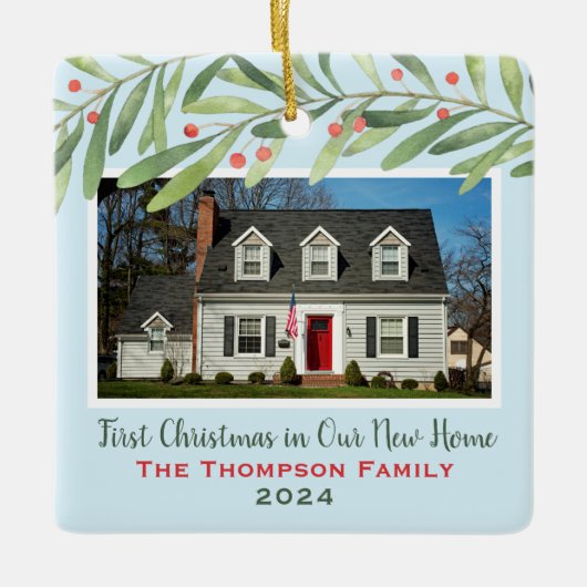 初めてのクリスマスの新しいホーム緑の写真 セラミックオーナメント (正面)