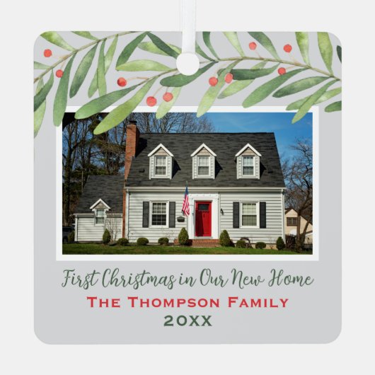 初めてのクリスマスの新しいホーム緑の写真 メタルオーナメント (裏面)
