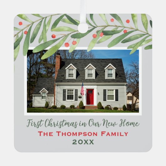 初めてのクリスマスの新しいホーム緑の写真 メタルオーナメント (正面)