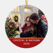 初めてのクリスマスの新しいホーム赤写真パーソナライズされた セラミックオーナメント (正面)