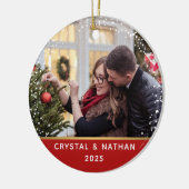 初めてのクリスマスの新しいホーム赤写真パーソナライズされた セラミックオーナメント (左)