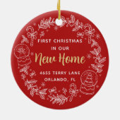 初めてのクリスマスの新しいホーム赤写真パーソナライズされた セラミックオーナメント (裏面)