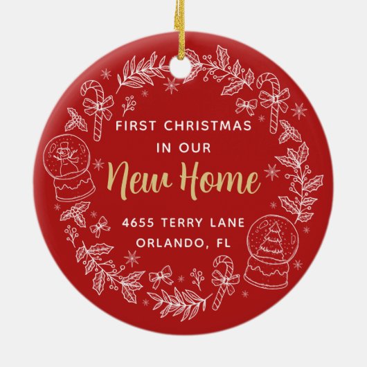 初めてのクリスマスの新しいホーム赤写真パーソナライズされた セラミックオーナメント (裏面)