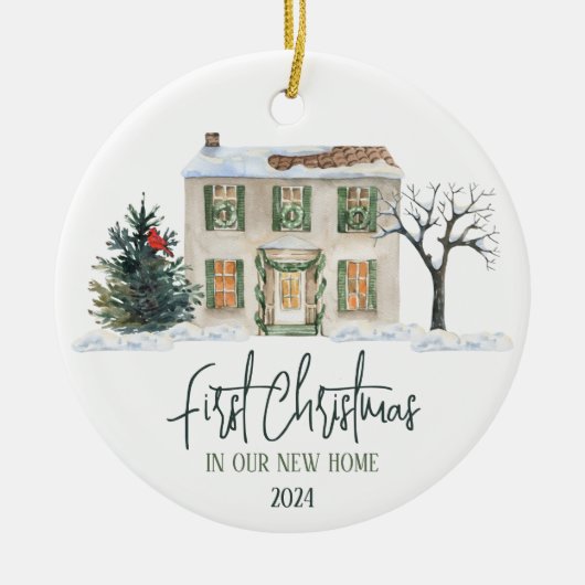 初めてのクリスマスの新しいホーム セラミックオーナメント (正面)