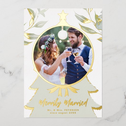 初めてのクリスマスの新しい写真セージ金ゴールドの緑 箔シーズンカード (正面)