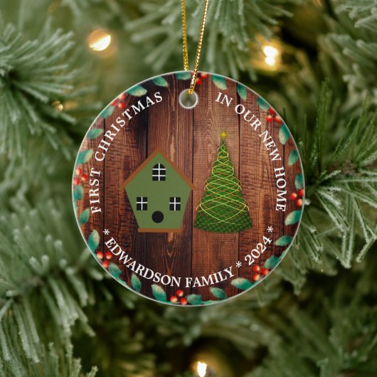 初めてのクリスマスの新しい家のバードハウス写真 セラミックオーナメント (ツリー)