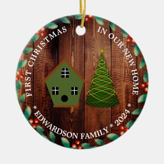 初めてのクリスマスの新しい家のバードハウス写真 セラミックオーナメント (正面)