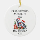 初めてのクリスマスの木のキツツキの群れ セラミックオーナメント (正面)