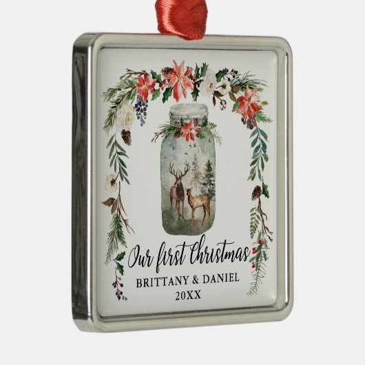 初めてのクリスマスの水彩冬の花と鹿 メタルオーナメント (右)