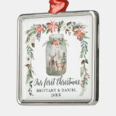 初めてのクリスマスの水彩冬の花と鹿 メタルオーナメント (左)