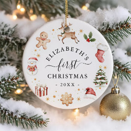 初めてのクリスマスの水彩画の花輪 セラミックオーナメント