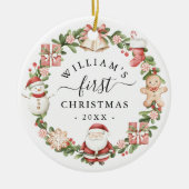 初めてのクリスマスの水彩画の花輪 セラミックオーナメント (正面)