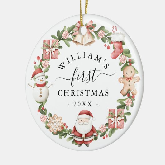 初めてのクリスマスの水彩画の花輪 セラミックオーナメント (左)