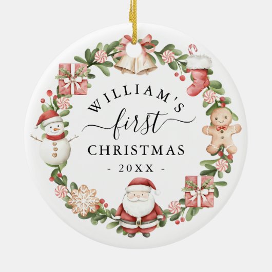 初めてのクリスマスの水彩画の花輪 セラミックオーナメント (裏面)