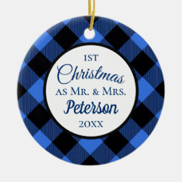初めてのクリスマスの水牛の青い格子縞 セラミックオーナメント