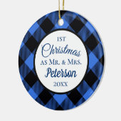 初めてのクリスマスの水牛の青い格子縞 セラミックオーナメント (左)