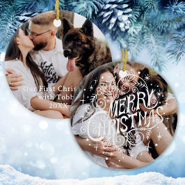 初めてのクリスマスの犬 モダンカリグラフィーペットの写真 セラミックオーナメント