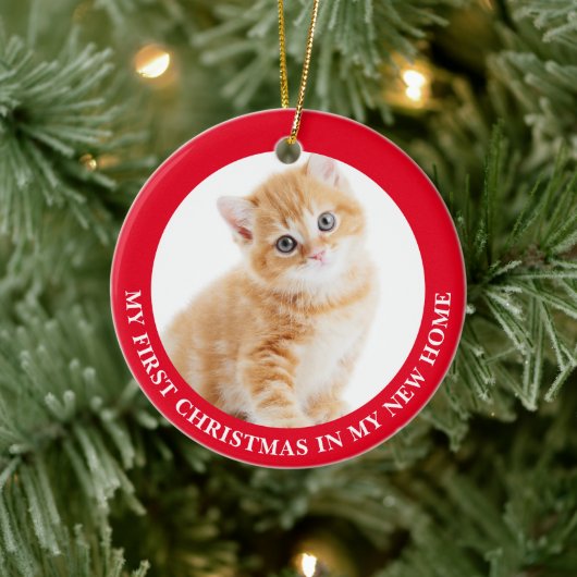 初めてのクリスマスの猫の写真パーソナライズされた セラミックオーナメント (ツリー)