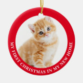 初めてのクリスマスの猫の写真パーソナライズされた セラミックオーナメント (正面)