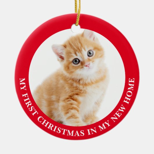 初めてのクリスマスの猫の写真パーソナライズされた セラミックオーナメント (正面)