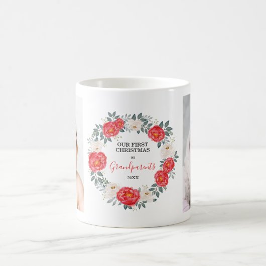 初めてのクリスマスの祖父母の花の写真の休日 コーヒーマグカップ (中央)