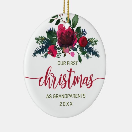 初めてのクリスマスの祖父母赤フローラ写真 セラミックオーナメント (右)