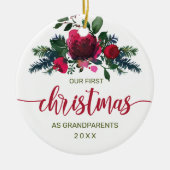 初めてのクリスマスの祖父母赤フローラ写真 セラミックオーナメント (正面)