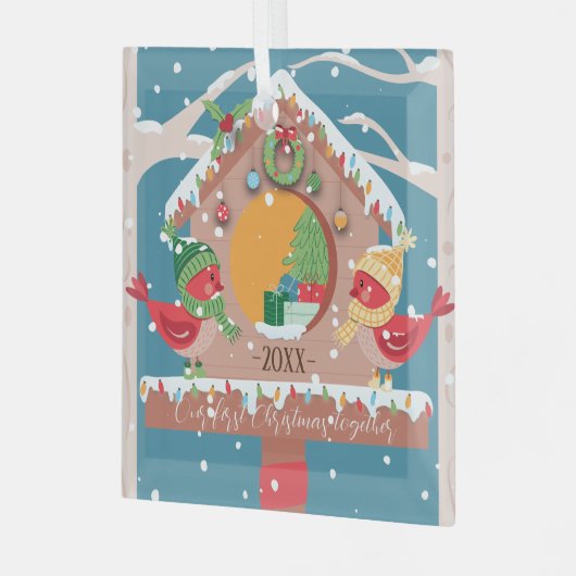初めてのクリスマスの組み合わせ深紅色カップルオーナメント ガラスオーナメント (正面左)