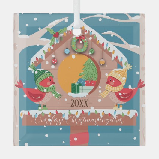 初めてのクリスマスの組み合わせ深紅色カップルオーナメント ガラスオーナメント (正面)
