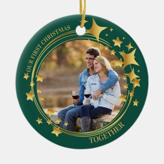 初めてのクリスマスの組み合わせ2フォト金ゴールドスターリース セラミックオーナメント (正面)