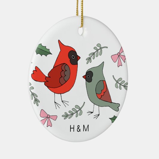 初めてのクリスマスの組み合わせ（鳥）ショウジョウコウカンチョウ対カスタム セラミックオーナメント (右)